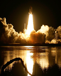 Shuttle Endeavour blasts into space on a sixteen day mission